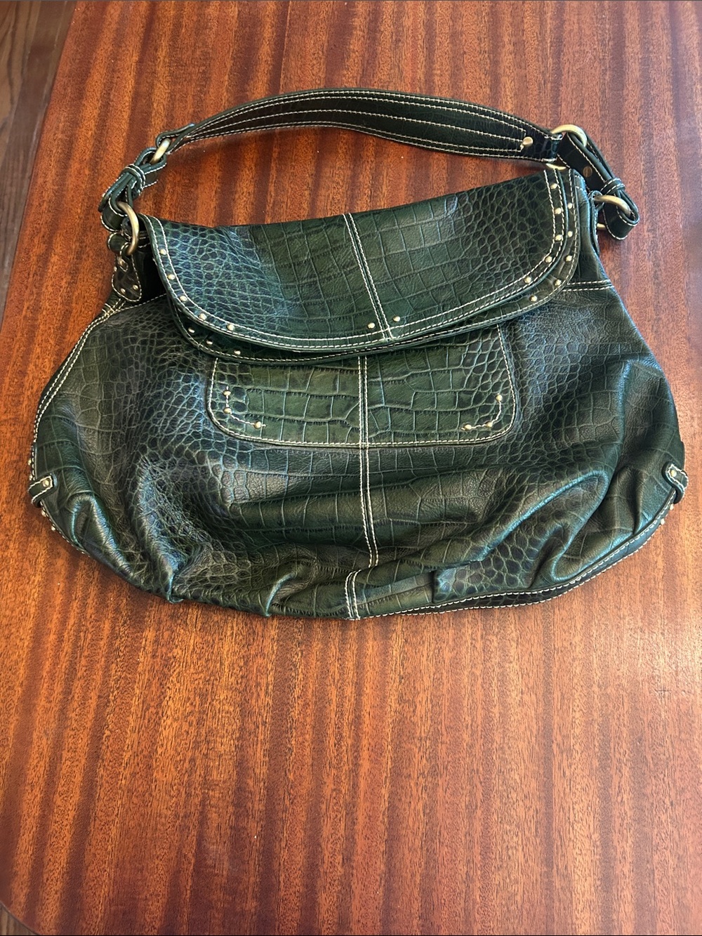 Maxx New York Dark Green Croc-Embossed Leather Shoulder Bag mi